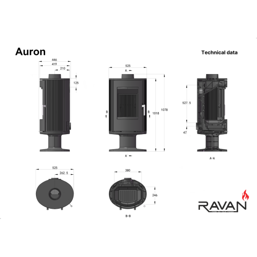 Чавунна піч камін Ravan Auron 12 кВт на дровах