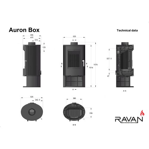 Чавунна піч камін Ravan Auron box 12 кВт на дровах