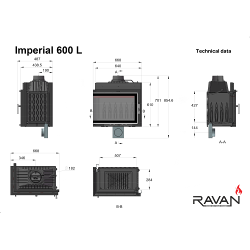Чавунна камінна топка Ravan IMPERIAL 600 L на дровах 8 кВт