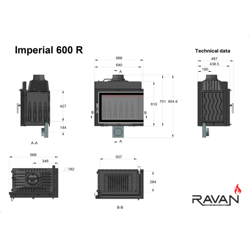 Чавунна камінна топка Ravan IMPERIAL 600 R на дровах 8 кВт