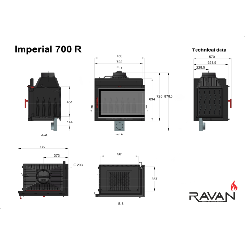 Чавунна камінна топка Ravan IMPERIAL 700 R на дровах 16 кВт