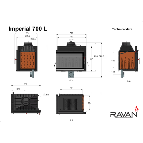 Чавунна камінна топка Ravan IMPERIAL 700 L на дровах 16 кВт