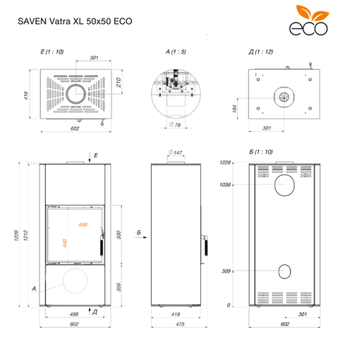 Эффективная и стильная печь камин SAVEN Vatra XL 50x50 Black ECO