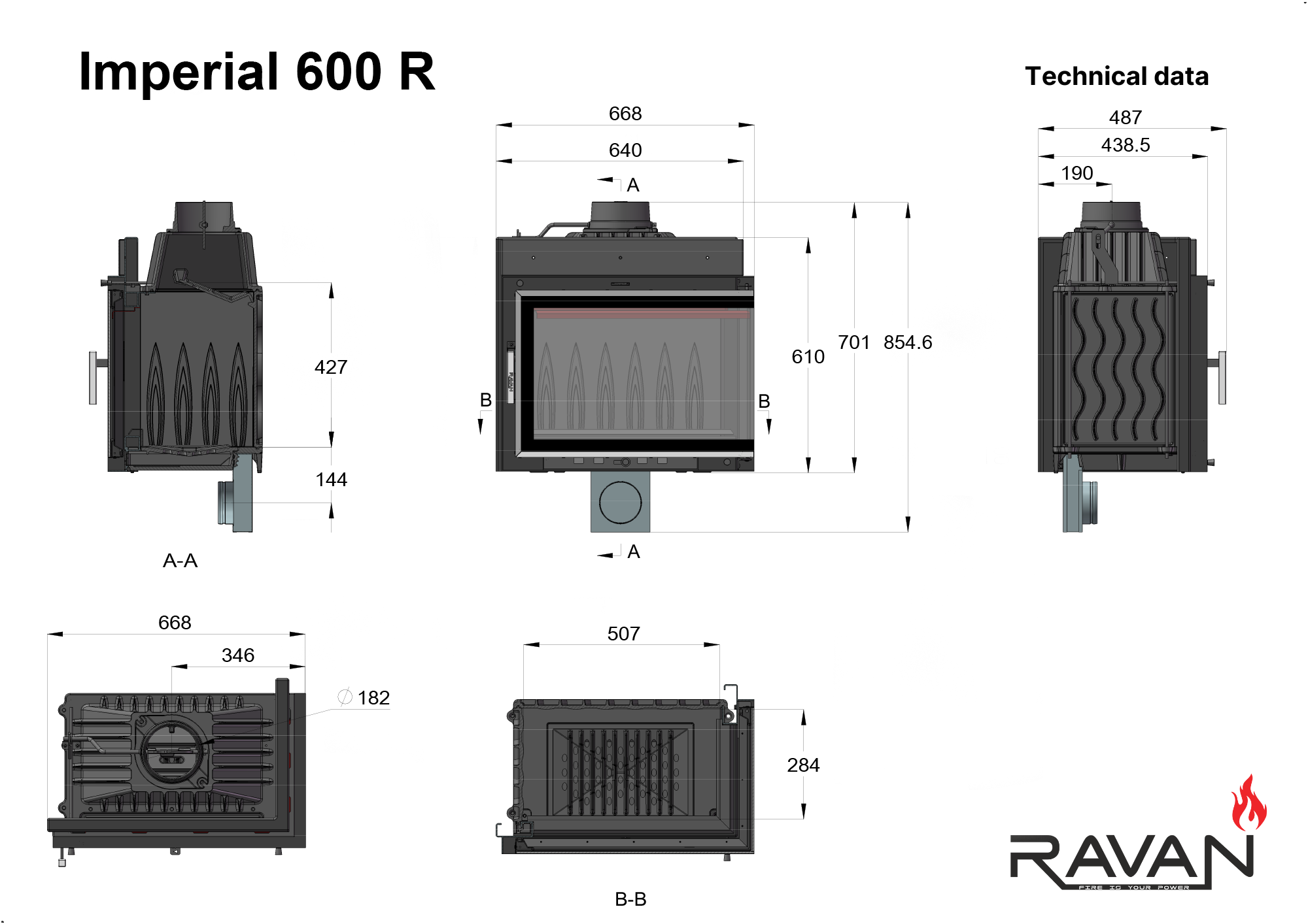 Чертеж каминной топки Ravan IMPERIAL 600 R