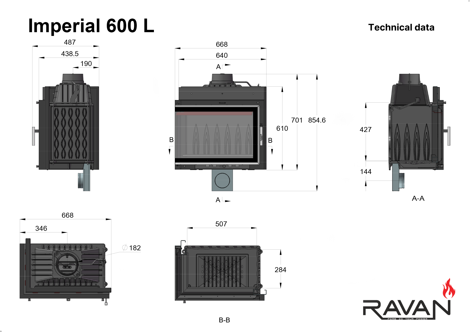 Чертеж каминной топки Ravan IMPERIAL 600 L