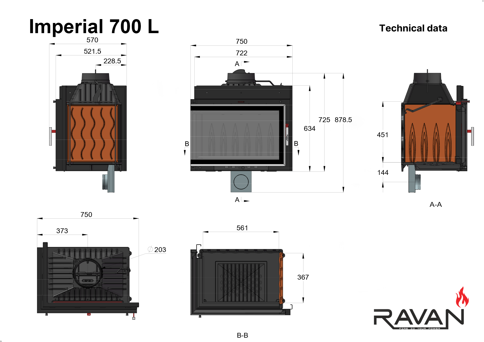 Креслення камінної топки Ravan IMPERIAL 700 L